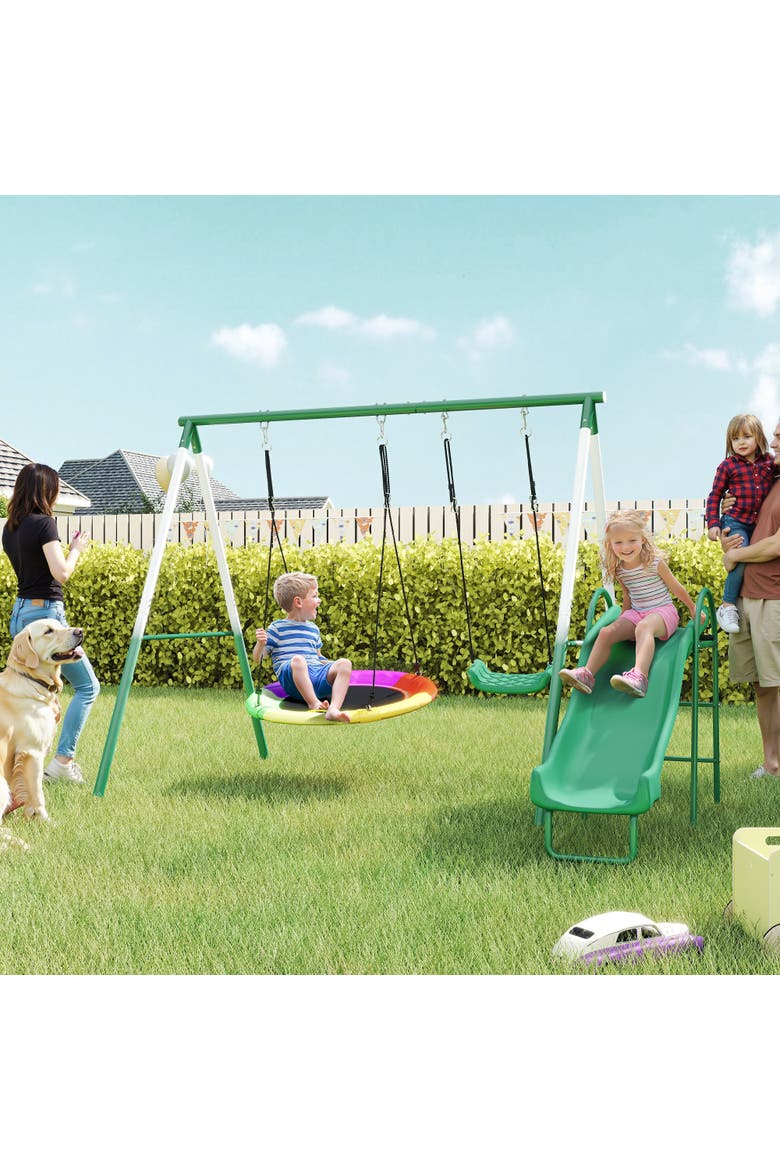 Metal Swing Set with Slide, Saucer Swing Seat, A-Frame Stand, Kids Ages 3-8, Alternate, color, Dark Green