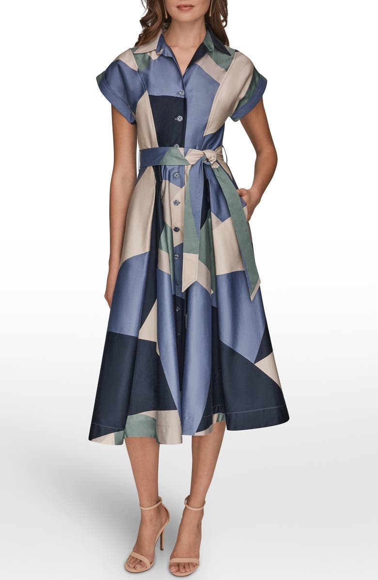 Donna Karan New York Patchwork Belted Midi Shirtdress, Main, color, Tempest Multi