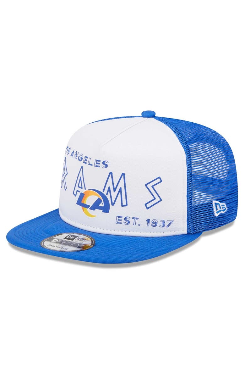 Men's New Era White/Royal Los Angeles Rams Banger 9FIFTY Trucker Snapback Hat, Main, color, White