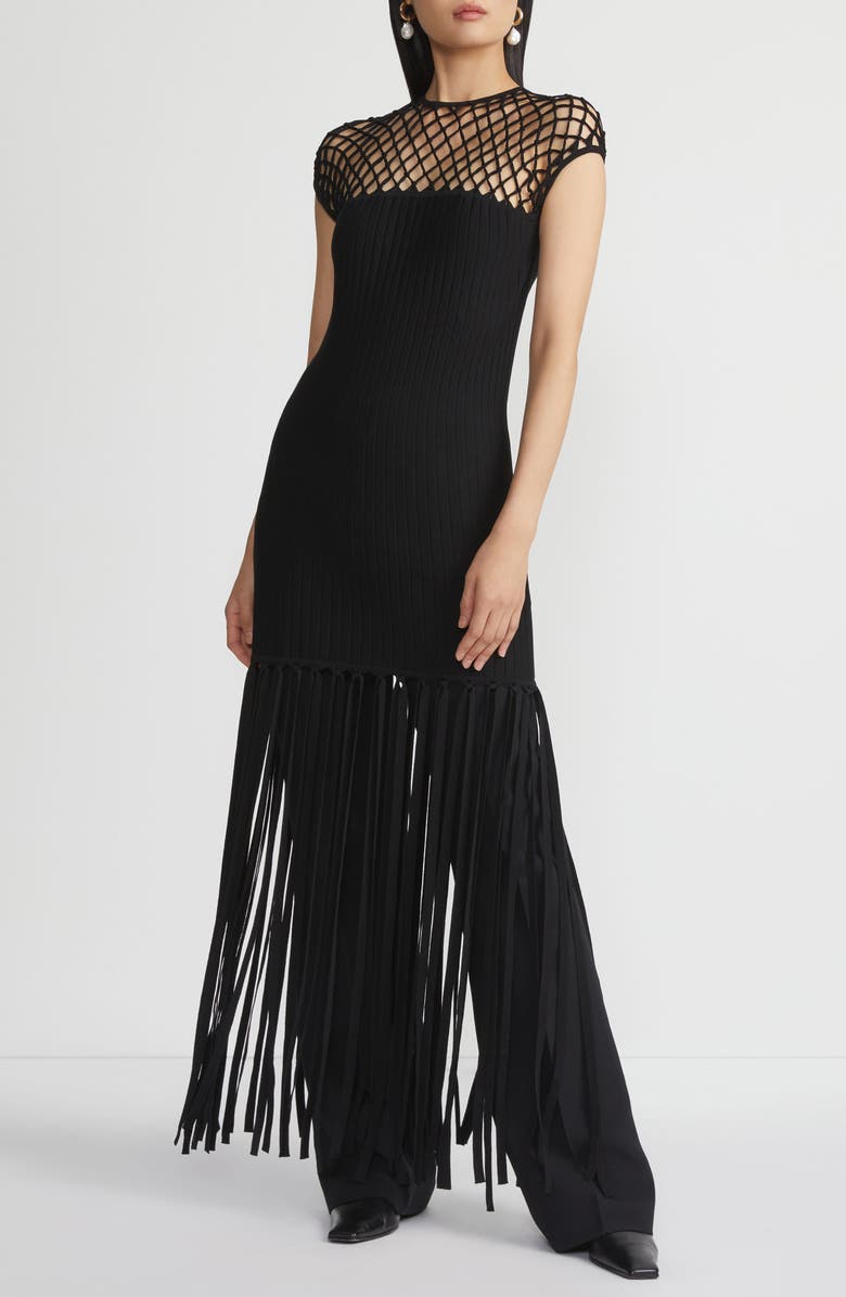 Lafayette 148 New York Macramé Yoke Fringe Hem Knit Dress, Main, color, 