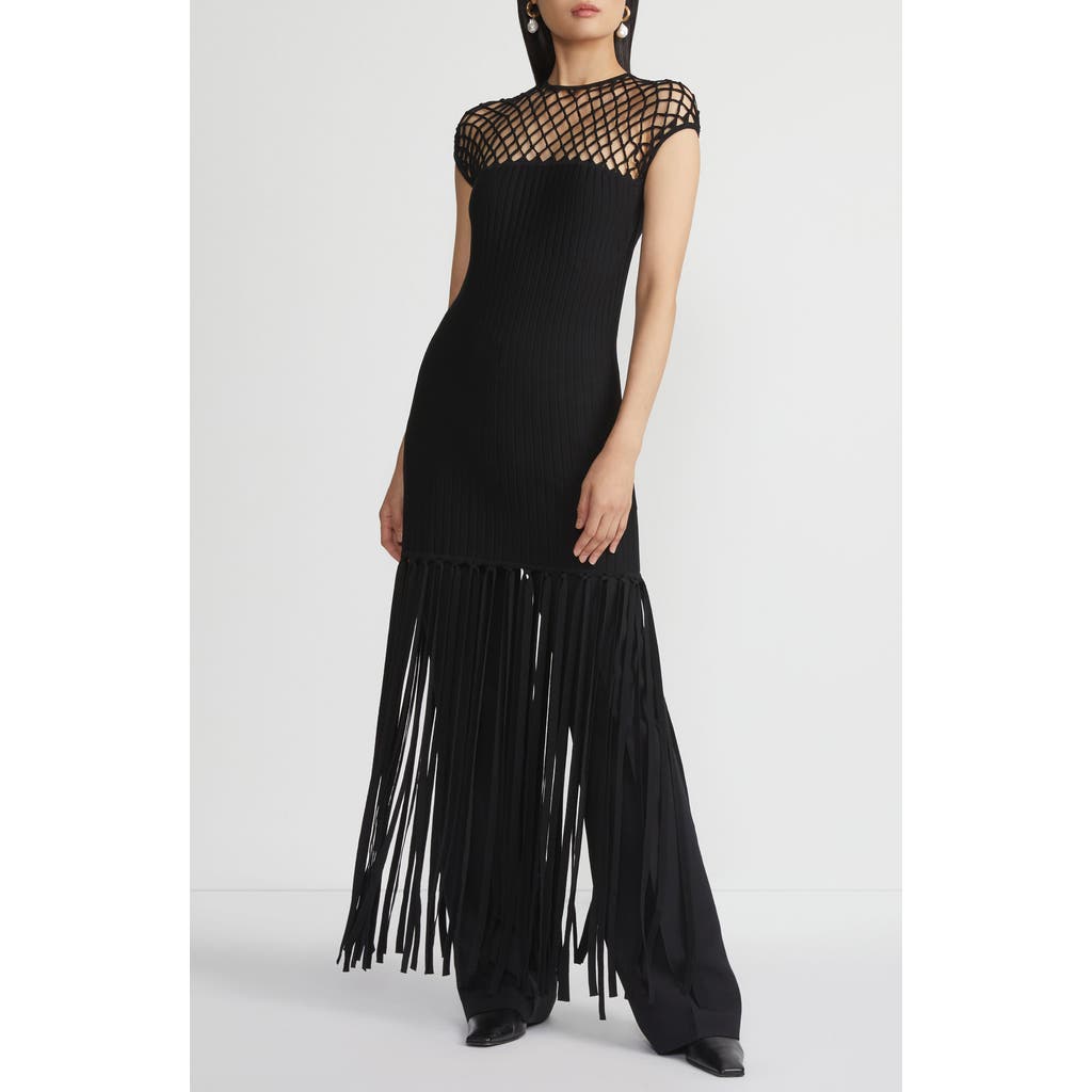 Lafayette 148 New York Macramé Yoke Fringe Hem Knit Dress In Black