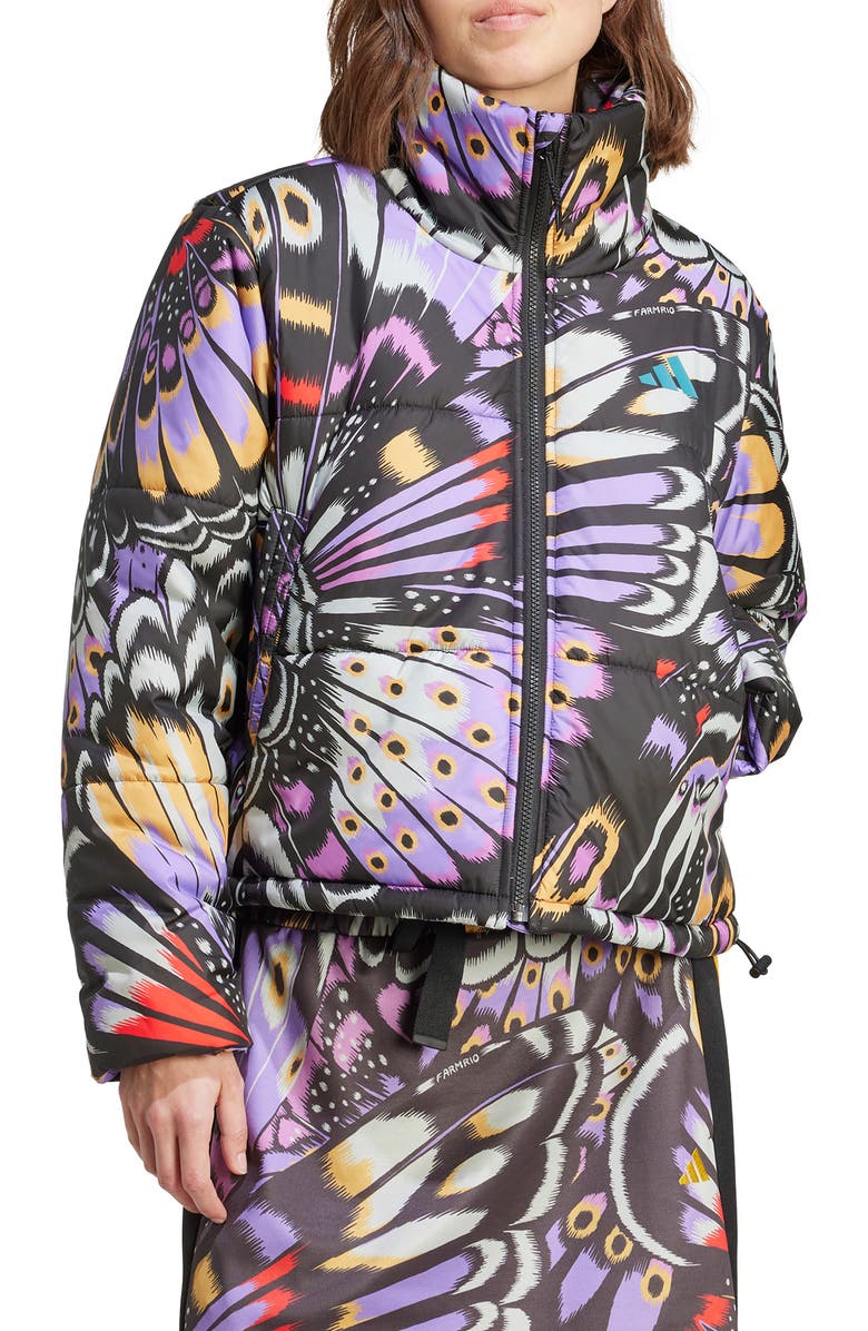 ADIDAS X FARM RIO x FARM Rio Colorfly Puffer Jacket, Main, color, Black/ Purple/ Lush Red