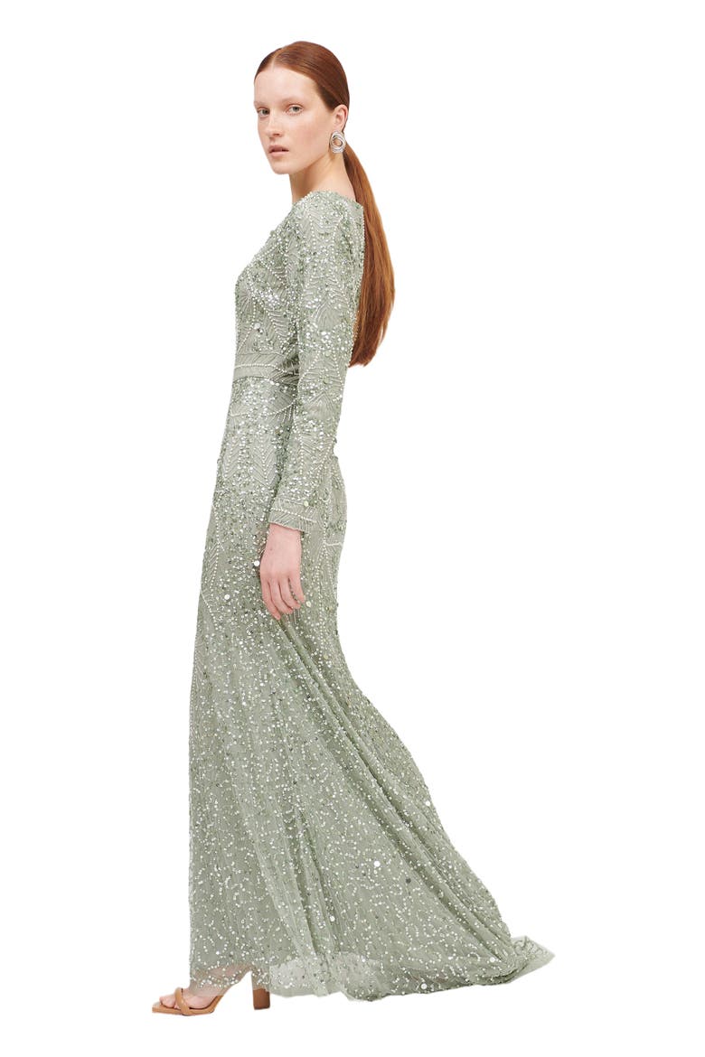 Occasion Modest Embellished Sequin Beaded A Line Evening Gown, Alternate, color, SAGE GREEN