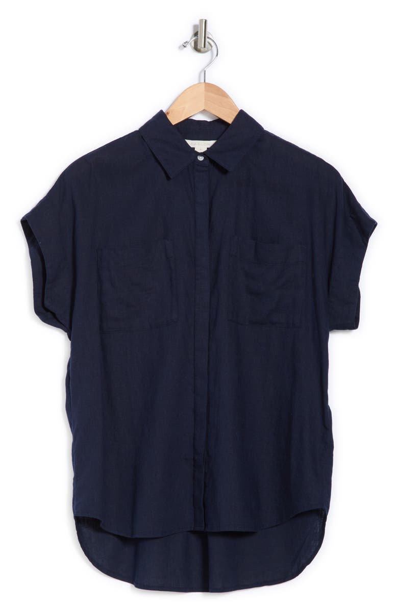 Caslon<sup>®</sup> Double Pocket Linen Blend Camp Shirt, Alternate, color, Navy Still