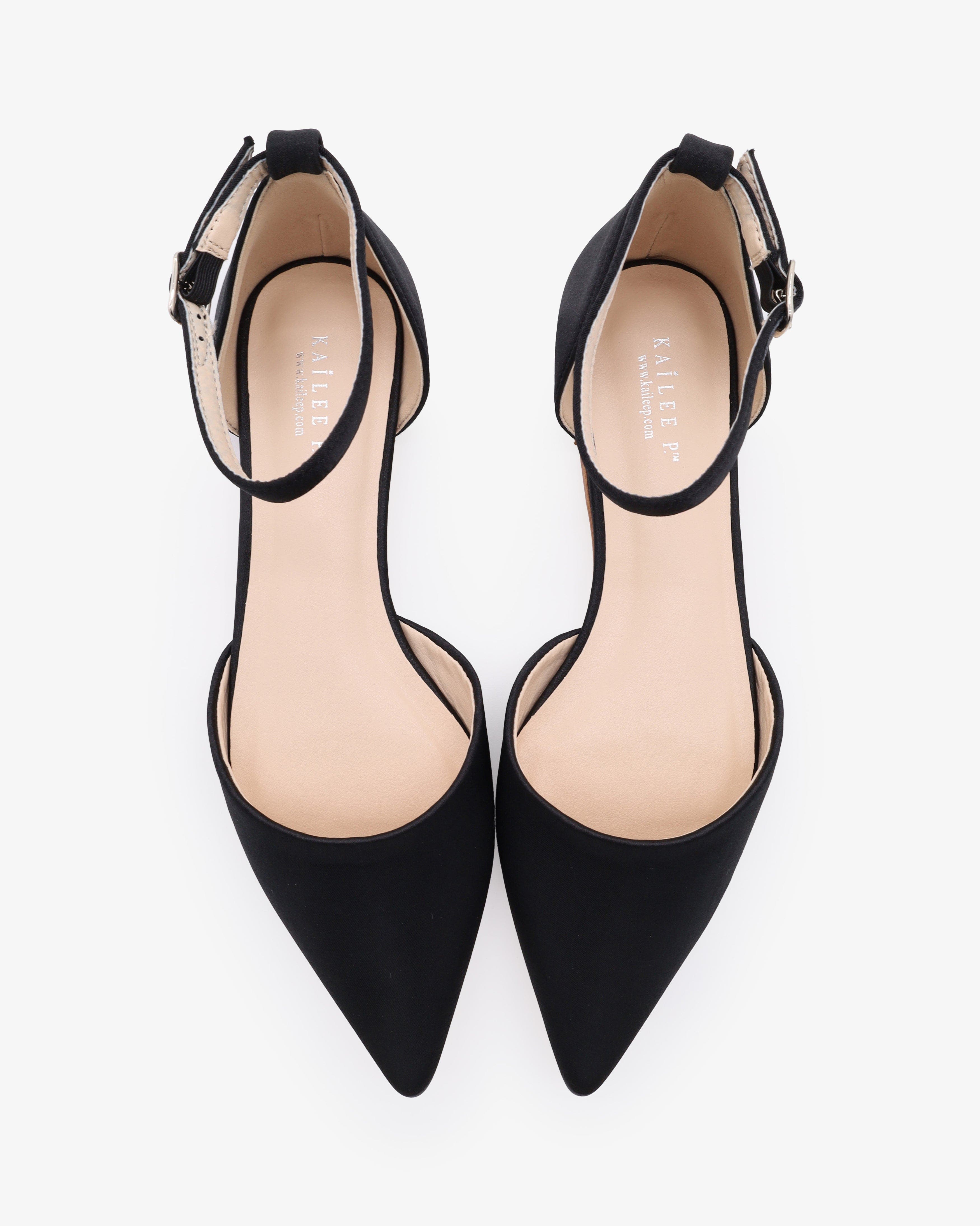 Kailee P Bella Satin Pointy Toe Flats with Ankle Strap, Alternate, color, Black