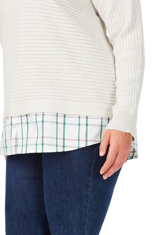 Foxcroft Layered Plaid Trim Cotton Sweater In Ivory Mult