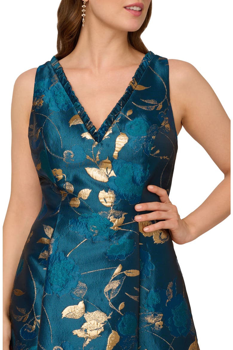 Metallic Jacquard Fit & Flare Cocktail Dress, Alternate, color, TEAL SAPPHIRE/ GOLD