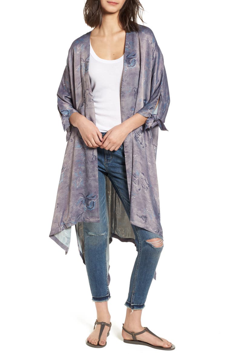 High/Low Kimono, Main, color, GREY SKETCHED PETALS