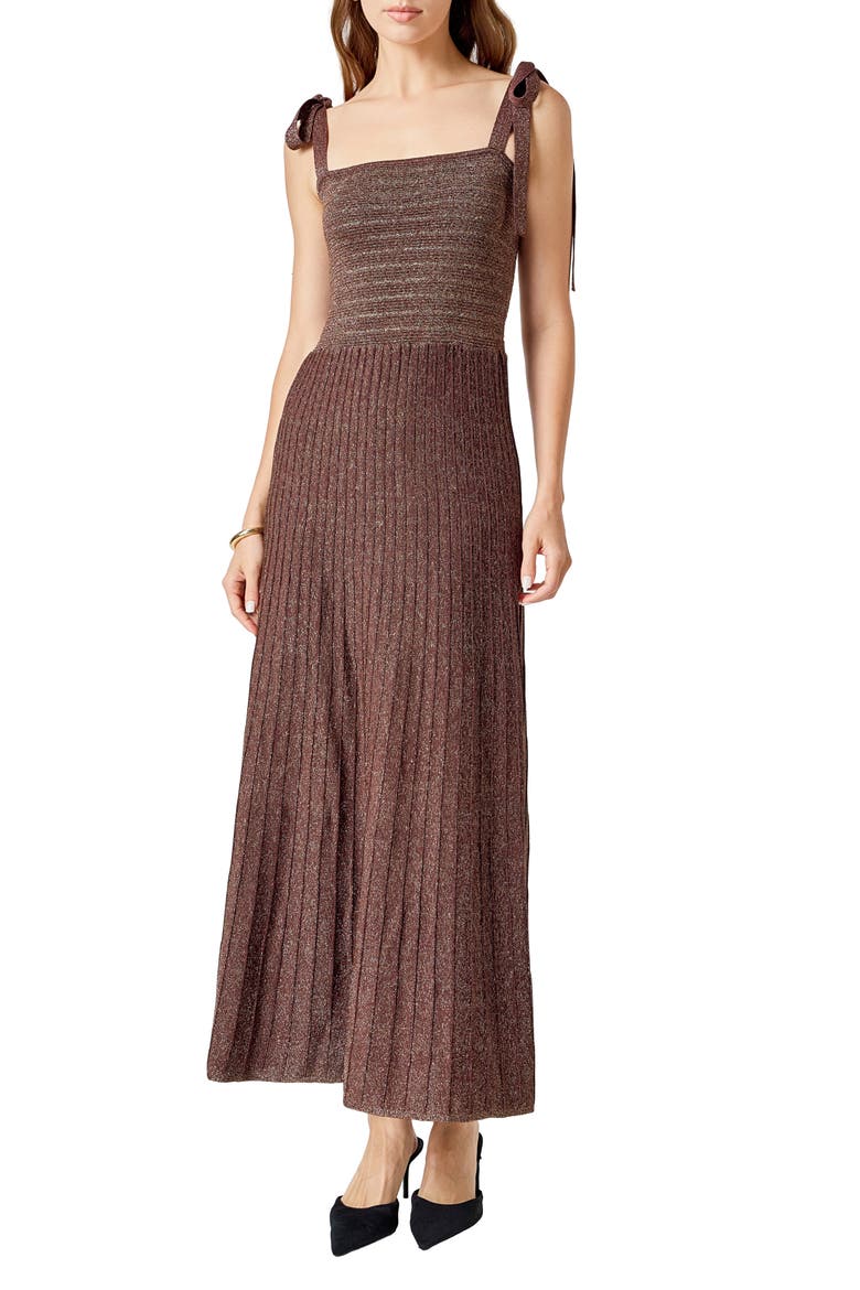 Tie Strap Metallic Maxi Sweater Dress, Main, color, BROWN