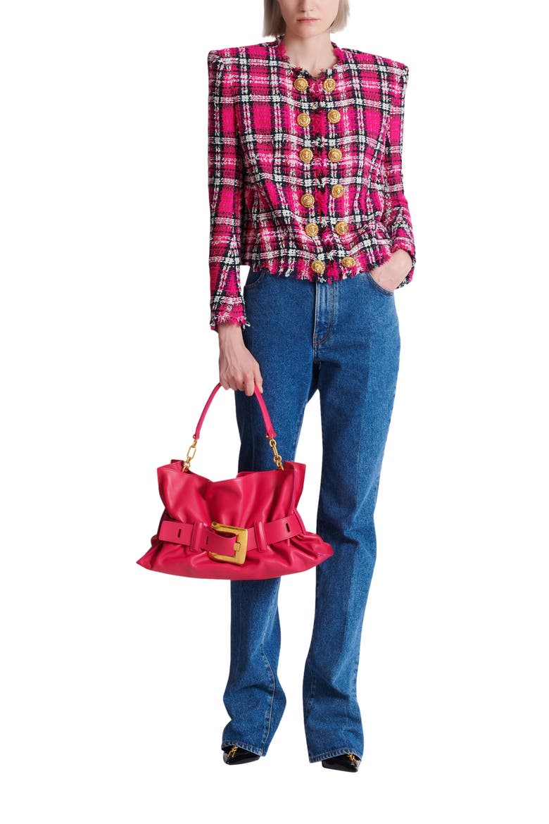 Cropped jacket in glitter plaid tweed, Alternate, color, pink