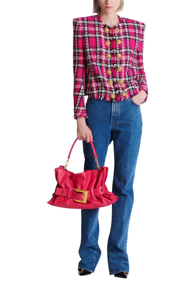 Balmain Cropped jacket in glitter plaid tweed, Alternate, color, Pink