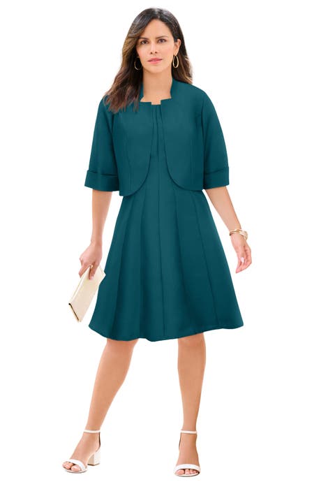 Extended Plus Size Elbow Sleeve Fit And Flare Dress With Bolero Jacket 2 Piece Suit