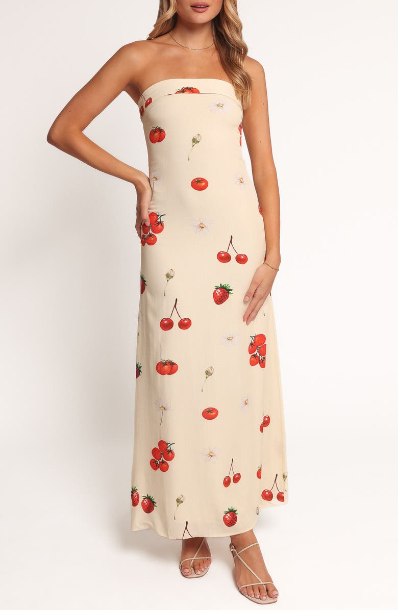 Petal & Pup Adela Printed Strapless Maxi Dress, Main, color, Tomato Print