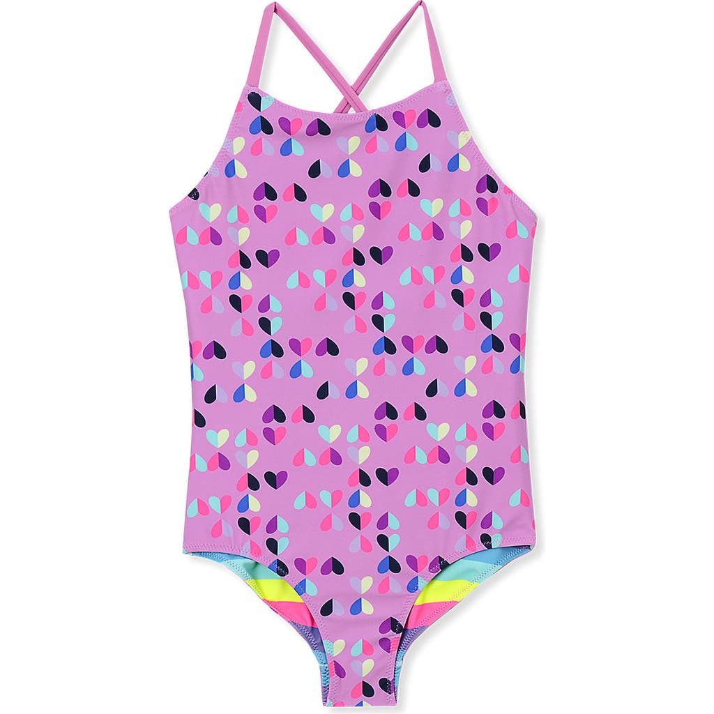 Lands' End Girls Chlorine Resistant Reversible One Piece Swimsuit In Pink Hearts/multi Color Stripe
