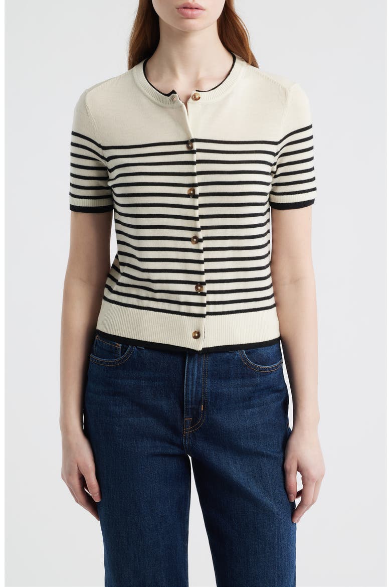Anne Stripe Short Sleeve Wool Cardigan, Main, color, IVORY