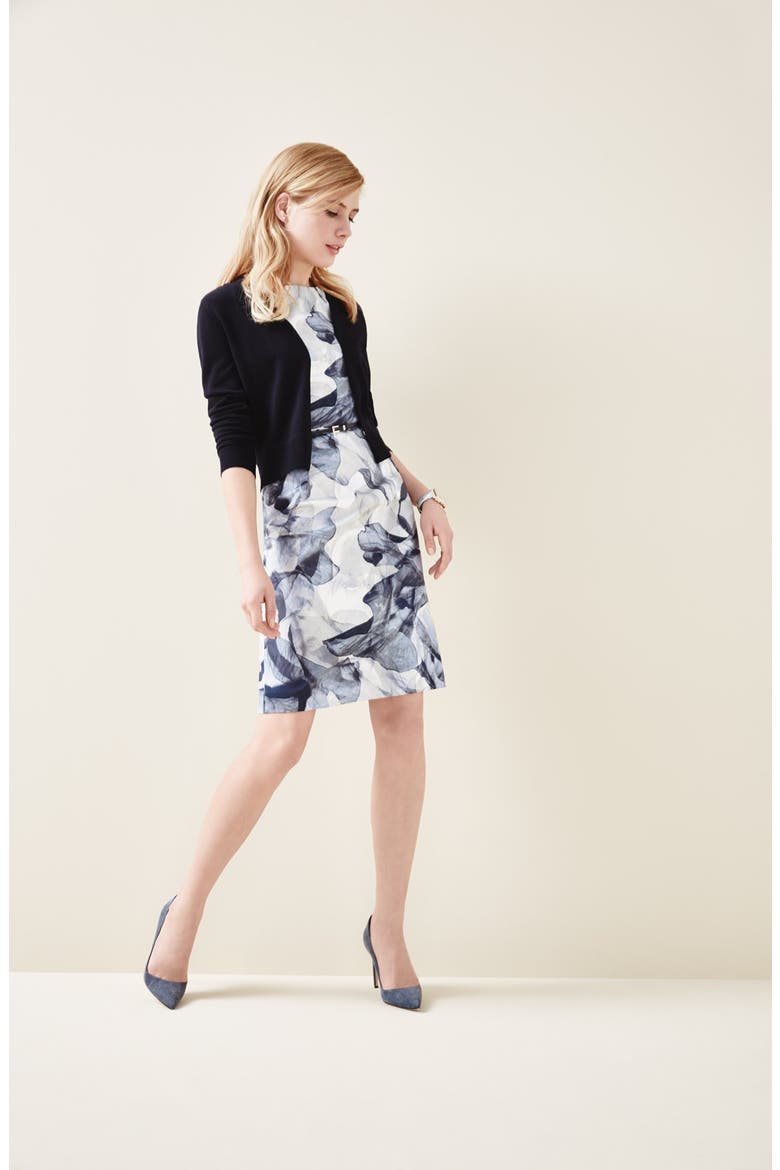 'Dinoma' Belted Sheath Dress, Alternate, color, FADED FLOWER NAVY