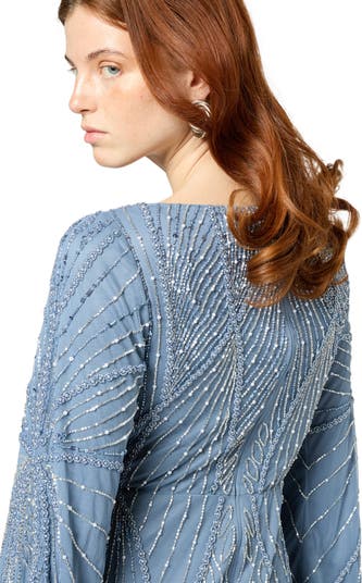 Modest Embellished Sequin Beaded Maxi Dress With Long Sleeves