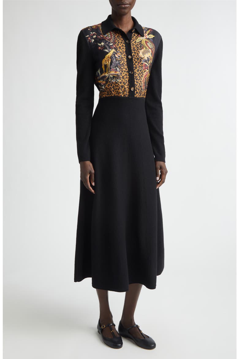 Mixed Media Long Sleeve Wool & Cashmere Midi Sweater Dress, Main, color, BLACK