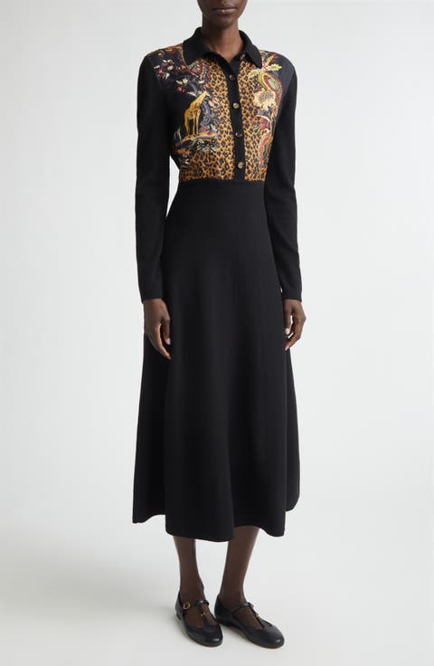 Mixed Media Long Sleeve Wool & Cashmere Midi Sweater Dress