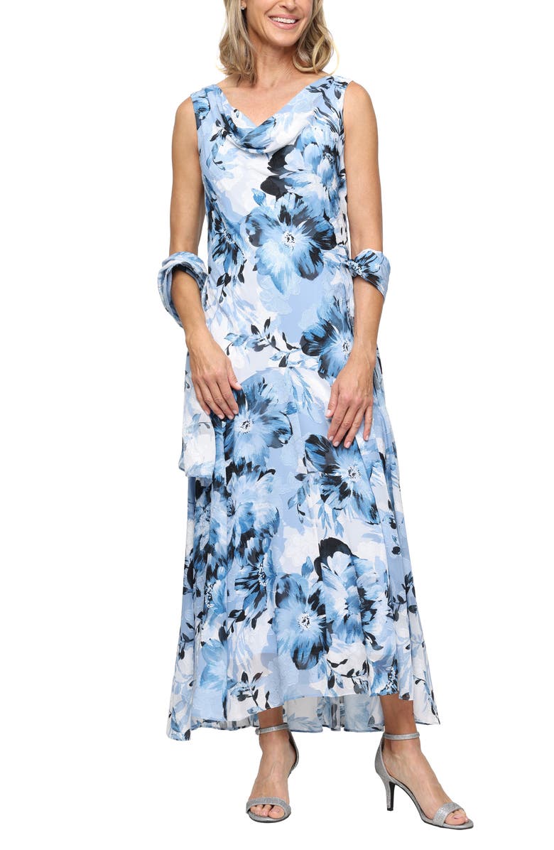 Alex Evenings Floral Burnout Chiffon Gown with Shawl, Main, color, Blue Hydrangea Multi