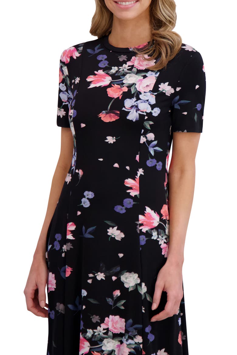 Floral Jersey Midi Dress, Alternate, color, RICH BLACK