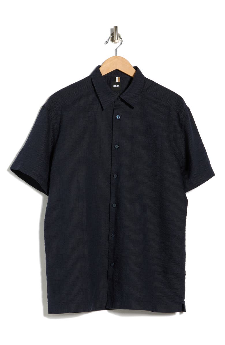 BOSS Cory Short Sleeve Linen Button-Up Shirt, Main, color, Dark Blue
