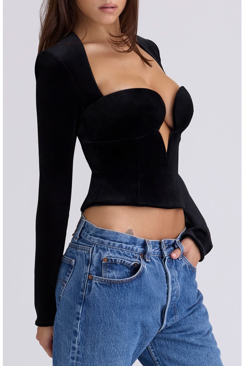 Sierra Long Sleeve Stretch Velvet Corset Top, Alternate, color, BLACK