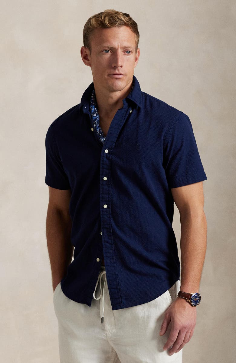 Polo Ralph Lauren Solid Short Sleeve Cotton Seersucker Button-Down Shirt, Alternate, color, 