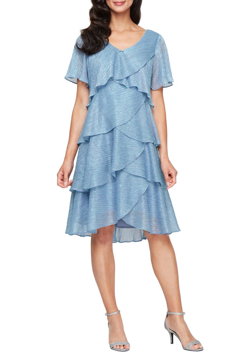 Tiered Shimmer Metallic Flutter Sleeve Dress, Main, color, HYDRANGEA