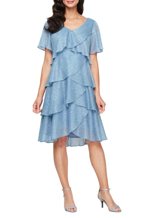Tiered Shimmer Metallic Flutter Sleeve Dress