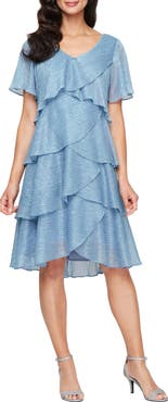 SL FASHIONS Tiered Shimmer Metallic Flutter Sleeve Dress
