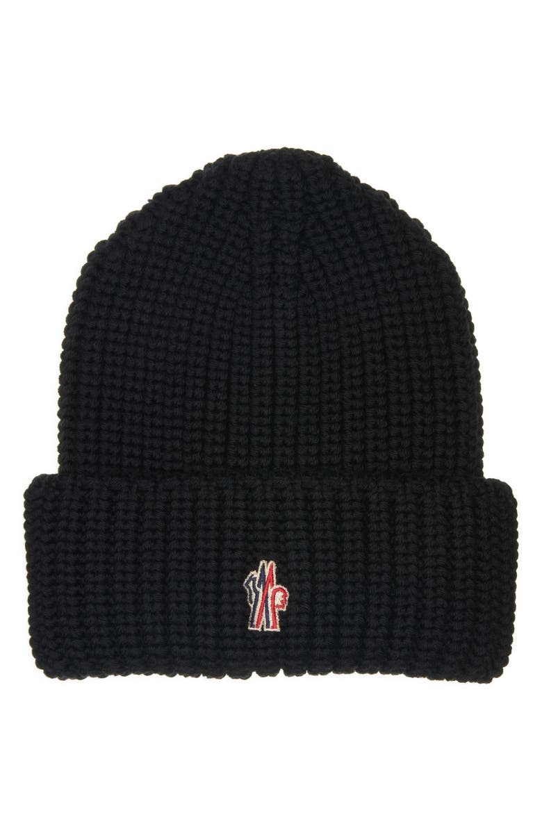 Moncler Logo Patch Virgin Wool Beanie, Main, color, Black