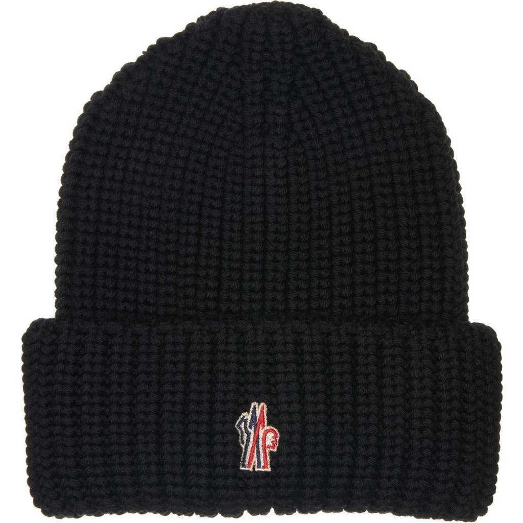 Moncler Logo Patch Virgin Wool Beanie In Black