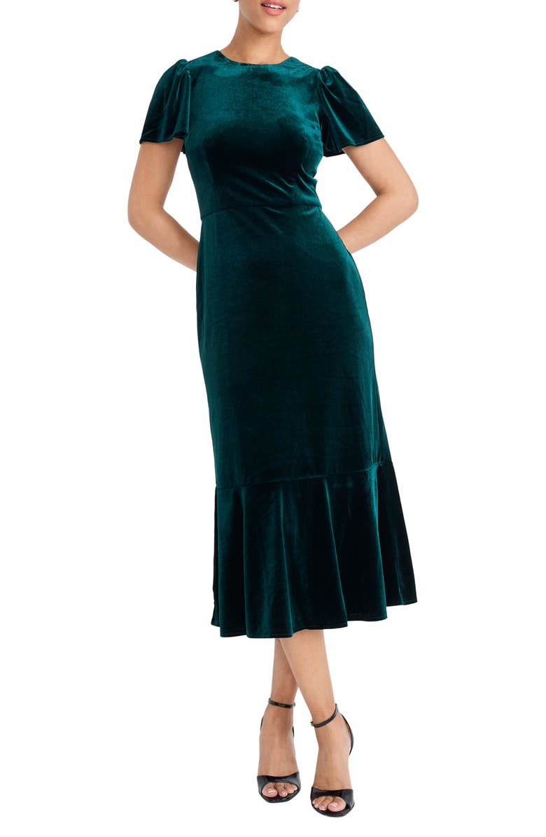 Maggy London Short Sleeve Velvet Midi Dress, Main, color, Hunter