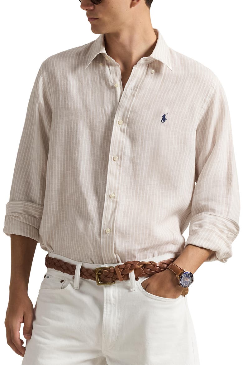 Classic Fit Stripe Linen Button-Down Shirt, Main, color, 7188E COASTAL BEIGE WHITE