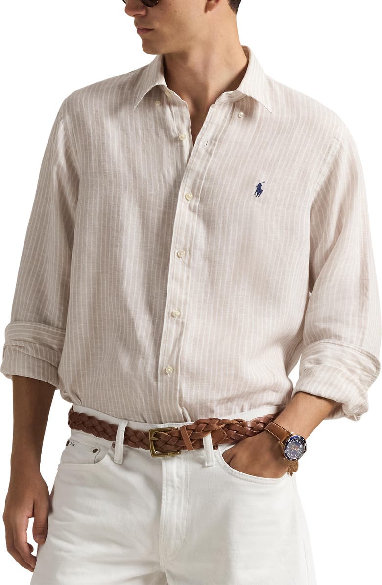 Polo Ralph Lauren Classic Fit Stripe Linen Button-Down Shirt, Main, color, Coastal Beige White