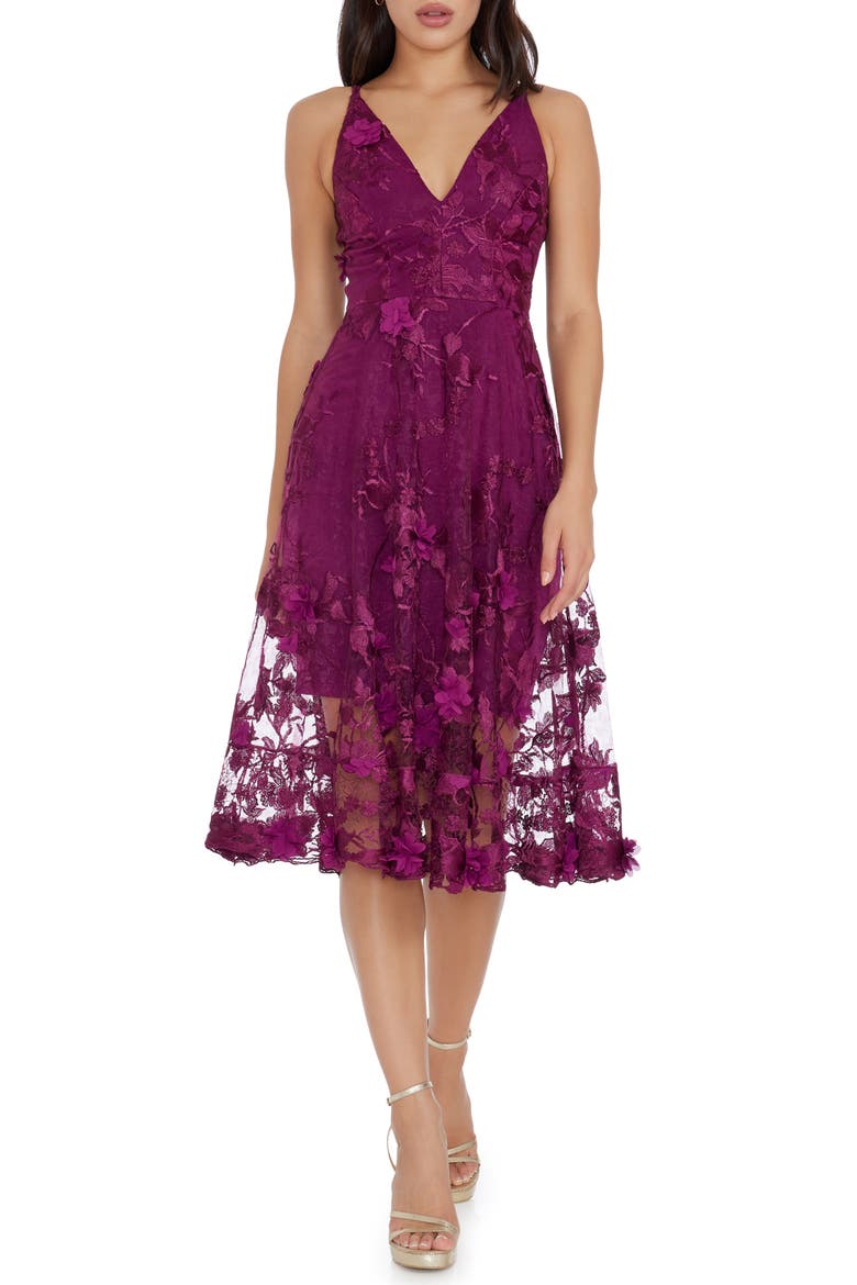 Audrey Embroidered Fit & Flare Dress, Main, color, DARK MAGENTA