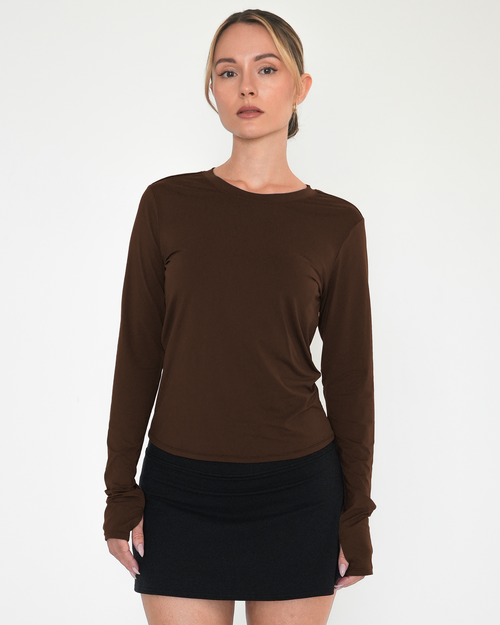 Rebody Active Raya Mid Length Compression Nylon Long Sleeve Top In Brown