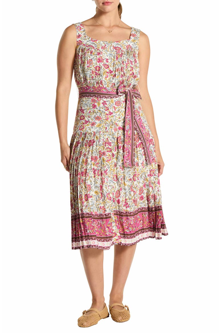Buttoned Pleated Midi Dress, Main, color, WHITE FLORAL