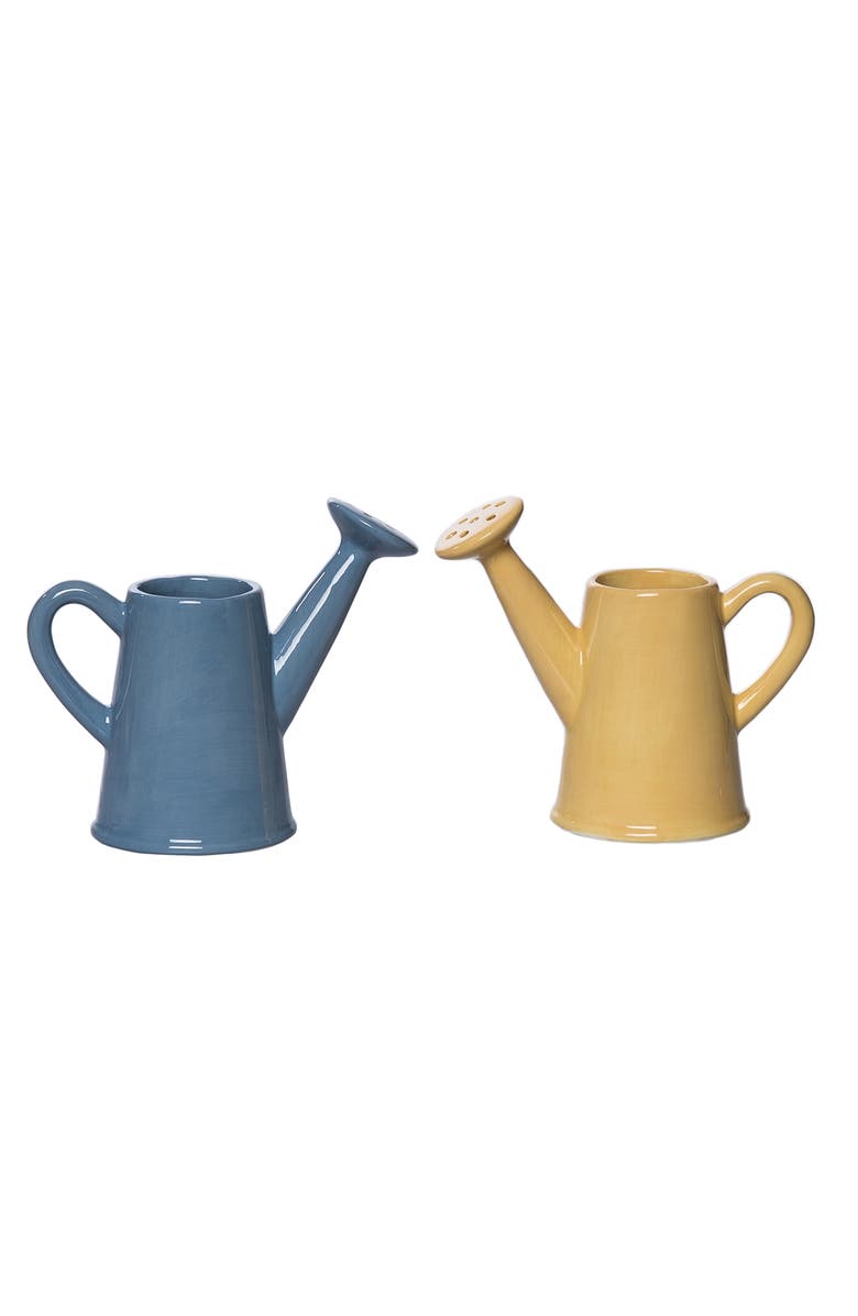 Transpac Dolomite Watering Can Vase Set of 2 Blue and Yellow for Spring Garden Decor, Main, color, Blue