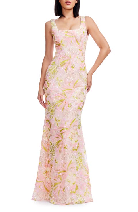 Tyra Beaded Sequin Floral Chiffon Gown