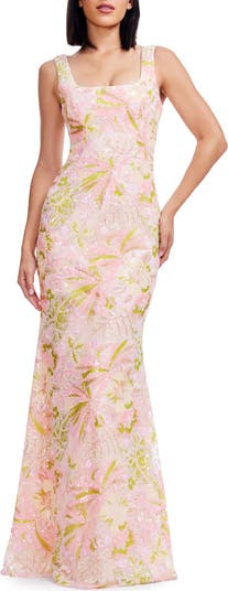 Tyra Beaded Sequin Floral Chiffon Gown