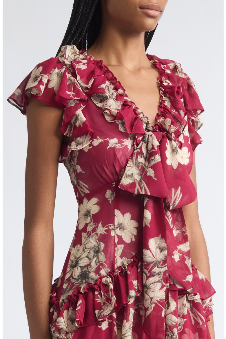 Floral Ruffle Chiffon Midi Dress, Alternate, color, BERRYWINE/ GARDENIA