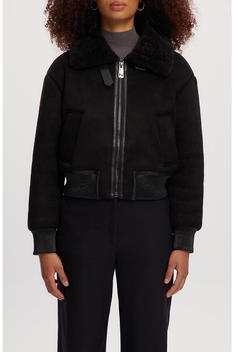 Fannie Faux Fur Collar Faux Suede & Faux Leather Crop Bomber Jacket, Main, color, BLACK