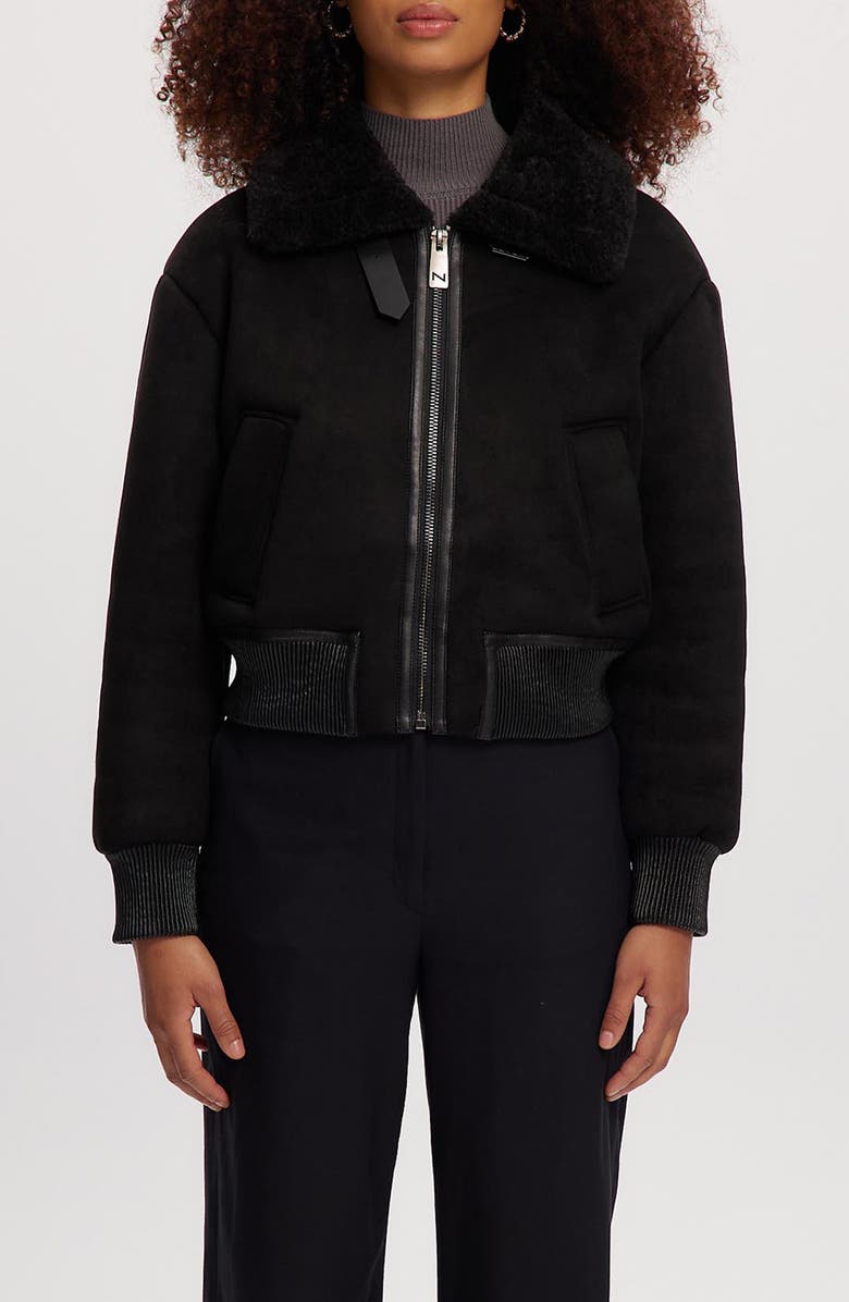 Noize Fannie Faux Fur Collar Faux Suede & Faux Leather Crop Bomber Jacket, Main, color, Black