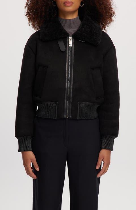 Fannie Faux Fur Collar Faux Suede & Faux Leather Crop Bomber Jacket