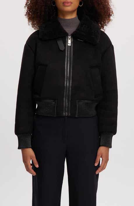 Noize Fannie Faux Fur Collar Faux Suede & Faux Leather Crop Bomber Jacket