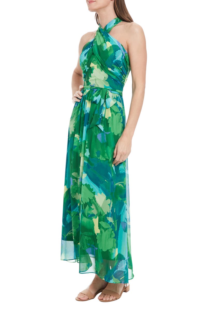 London Times Crossover Halter Neck Chiffon Maxi Dress, Alternate, color, Green/ Teal