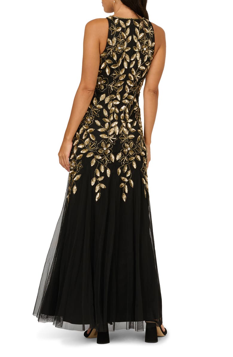 Adrianna Papell Embellished Mesh Gown, Alternate, color, Black/ Gold