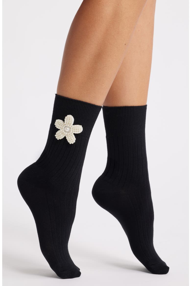 Imitation Pearl Flower Socks, Main, color, BLACK